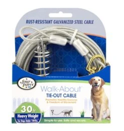 Four Paws® Walk-About® Tie-Out Cable - Heavy Weight -Tropiclean Sales Store 045663847302 four paws tie out cable for large dogs silver 30 feet in packaging front 606457b6 9f42 450b 94c9 e192f75b7431